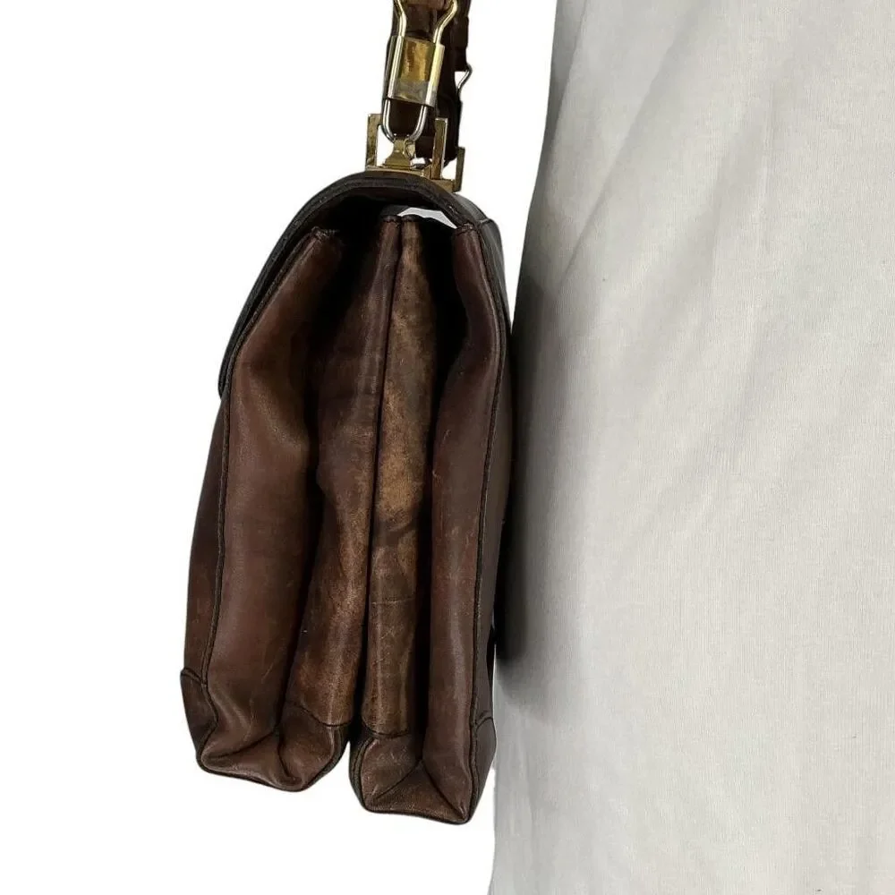 Gold Pfeil Leather Shoulder Bag Brown Medium Top Handle Shoulder Strap Vintage